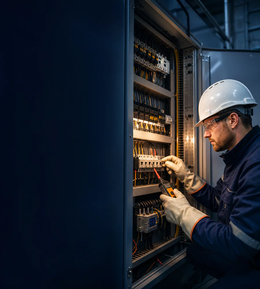 Electricista inspeccionando un tablero de control industrial