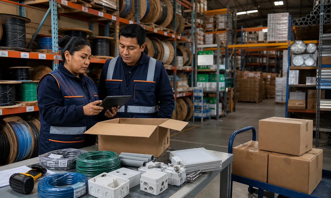 Equipo de G&R Global Electric preparando un pedido de materiales eléctricos en el almacén